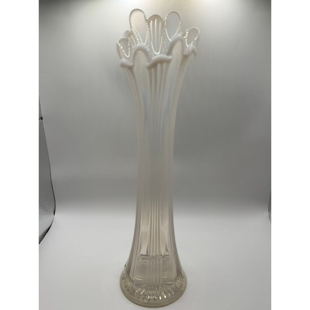 Antique Northwood Glass Co. "Fine Rib" Pattern White Opalescent Swung Vase